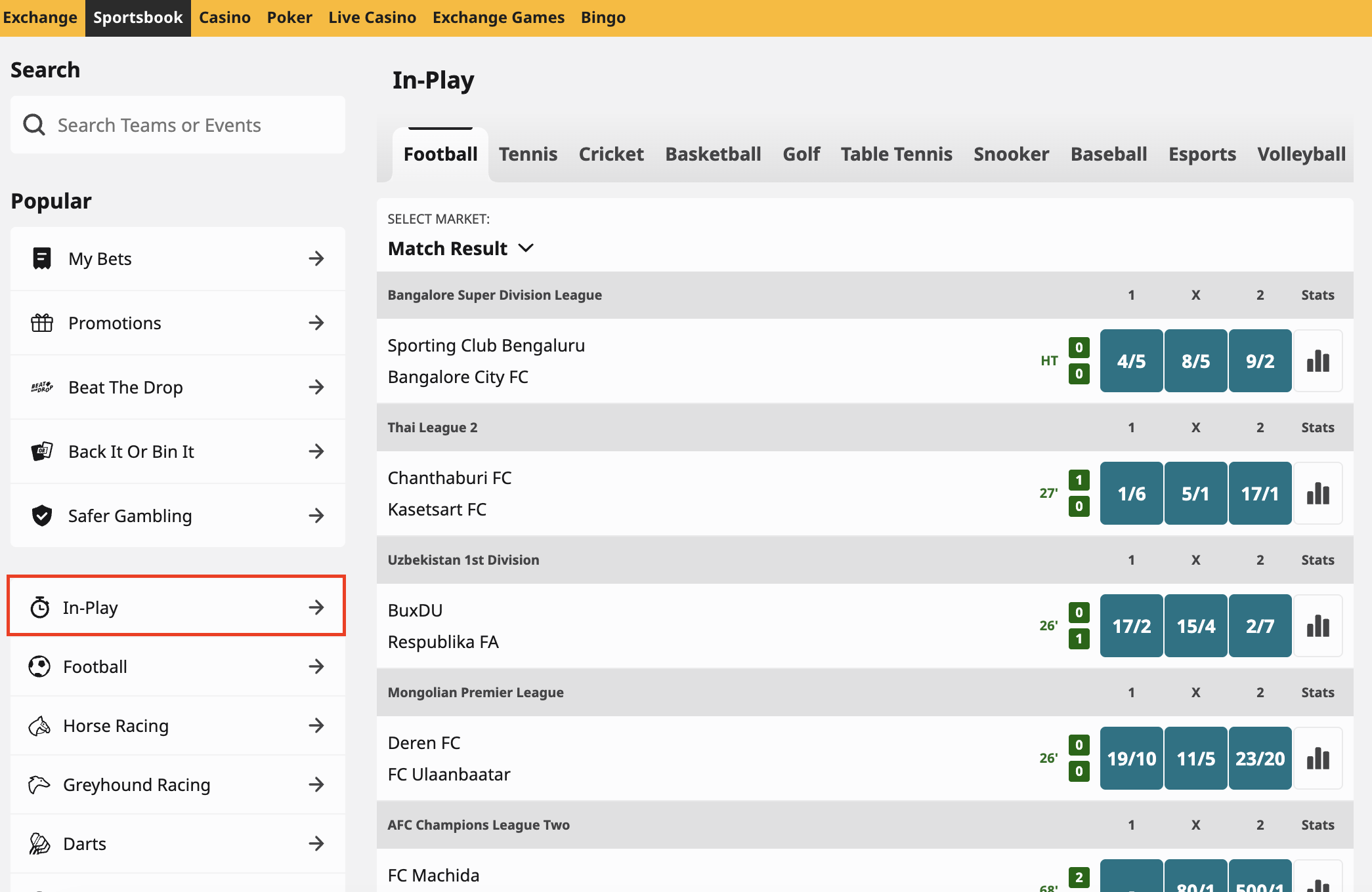 in-play section on Betfair Sportsbook
